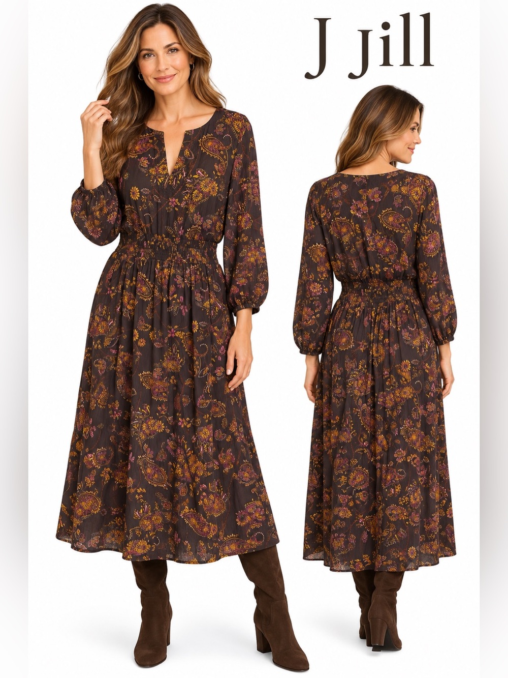 J.Jill Brown Paisley Floral Midi Maxi Dress Size Medium NWT